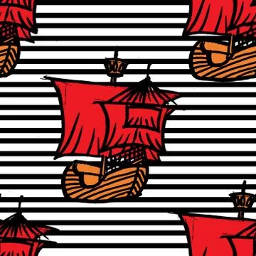 Pattern with ships with RED sails on black line Stock Illustration