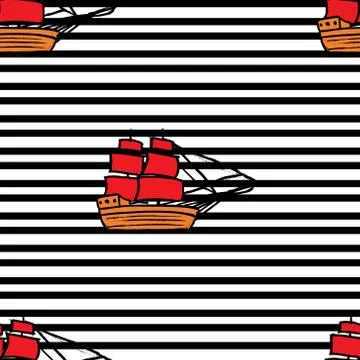 Pattern with ships with RED sails on black line Stock Illustration