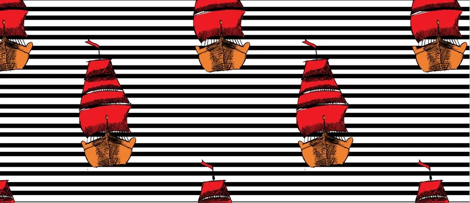 Pattern with ships with RED sails on black line Stock Illustration