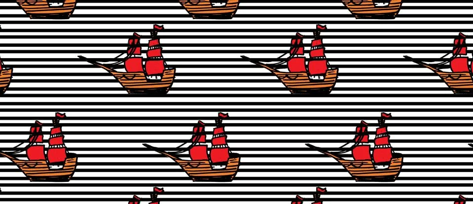 Pattern with ships with RED sails on black line Stock Illustration