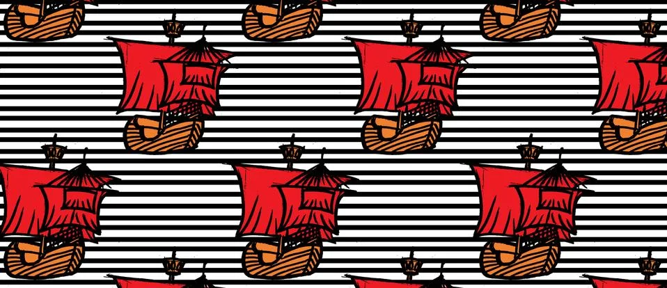 Pattern with ships with RED sails on black line Stock Illustration