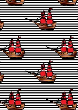 Pattern with ships with RED sails on black line Stock Illustration