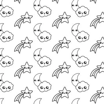 Pattern of shooting stars with moons and clouds kawaii style Stockillustratie