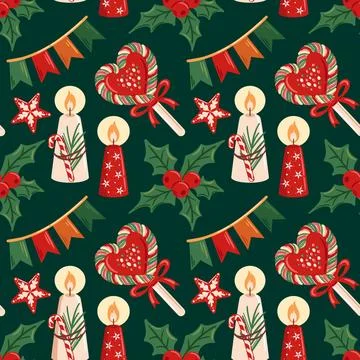 Pattern showcases heart-shaped lollipops, whimsical mistletoe, festive bunting Stock Illustration
