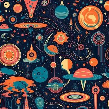 A pattern showing planets, rockets and star wars in blue Illustrazione stock