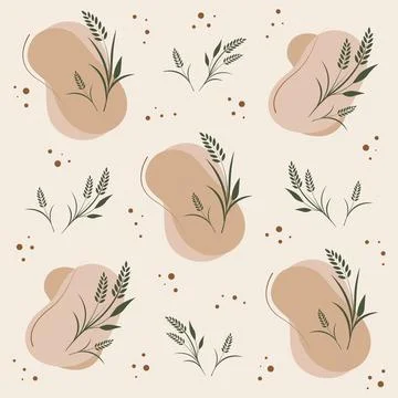 Pattern shows various shapes with green plants on a light beige background イラスト素材