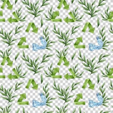 Pattern sign of garbage recycling and grass sprouts watercolor Illustrazione stock