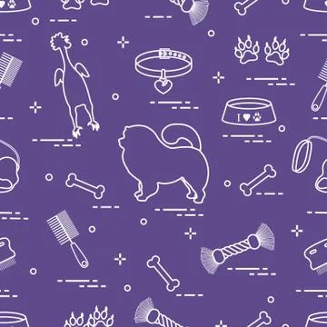 Pattern of silhouette chow-chow dog, bowl, bone, brush, comb, toys and other  Illustrazione stock
