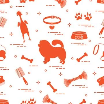 Pattern of silhouette chow-chow dog, bowl, bone, brush, comb, toys and other  Illustrazione stock