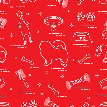 Pattern of silhouette chow-chow dog, bowl, bone, brush, comb, toys and other  Illustrazione stock