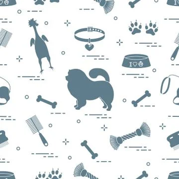 Pattern of silhouette chow-chow dog, bowl, bone, brush, comb, toys and other  Illustrazione stock