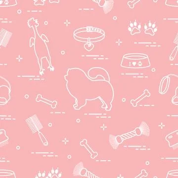 Pattern of silhouette chow-chow dog, bowl, bone, brush, comb, toys and other  Illustrazione stock