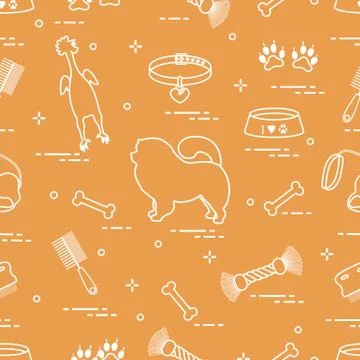 Pattern of silhouette chow-chow dog, bowl, bone, brush, comb, toys and other  Illustrazione stock