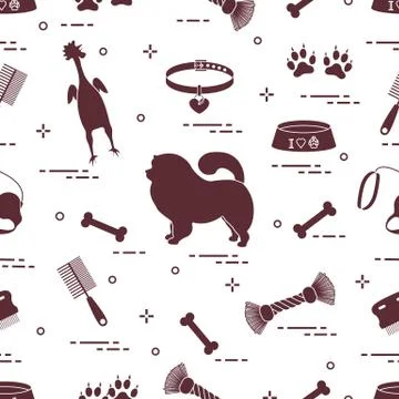 Pattern of silhouette chow-chow dog, bowl, bone, brush, comb, toys and other  Illustrazione stock
