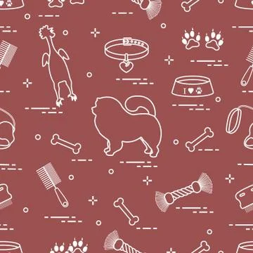 Pattern of silhouette chow-chow dog, bowl, bone, brush, comb, toys and other  Illustrazione stock