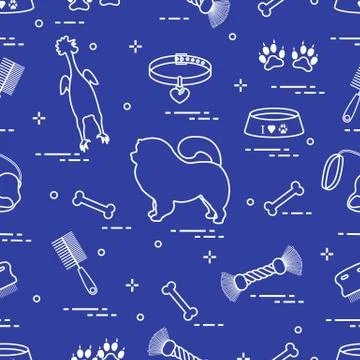 Pattern of silhouette chow-chow dog, bowl, bone, brush, comb, toys and other  Illustrazione stock
