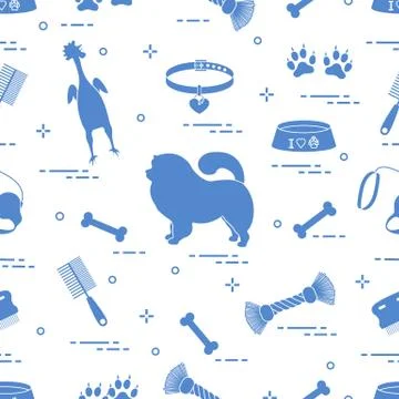 Pattern of silhouette chow-chow dog, bowl, bone, brush, comb, toys and other  Illustrazione stock