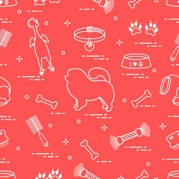 Pattern of silhouette chow-chow dog, bowl, bone, brush, comb, toys and other  Stock Illustration