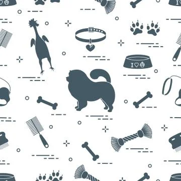 Pattern of silhouette chow-chow dog, bowl, bone, brush, comb, toys and other  Illustrazione stock
