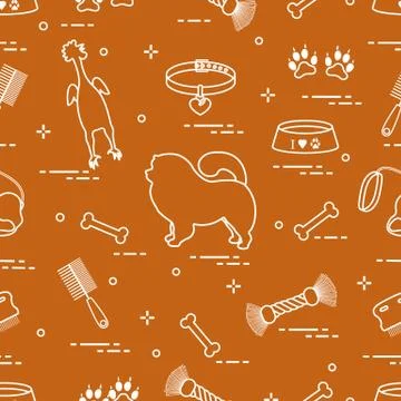 Pattern of silhouette chow-chow dog, bowl, bone, brush, comb, toys and other  스톡 일러스트