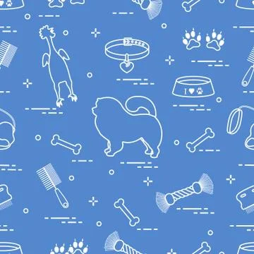 Pattern of silhouette chow-chow dog, bowl, bone, brush, comb, toys and other  Illustrazione stock