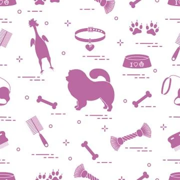 Pattern of silhouette chow-chow dog, bowl, bone, brush, comb, toys and other  Stock Illustration