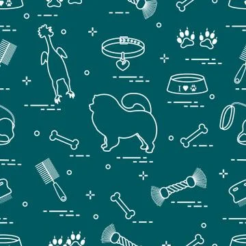 Pattern of silhouette chow-chow dog, bowl, bone, brush, comb, toys and other  Stock Illustration