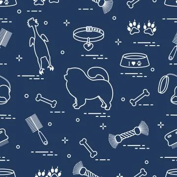 Pattern of silhouette chow-chow dog, bowl, bone, brush, comb, toys and other  Stock Illustration
