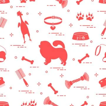 Pattern of silhouette chow-chow dog, bowl, bone, brush, comb, toys and other  Illustrazione stock