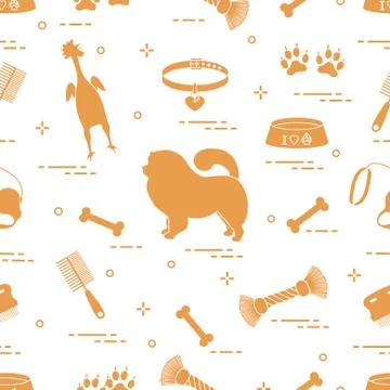 Pattern of silhouette chow-chow dog, bowl, bone, brush, comb, toys and other  Stock Illustration