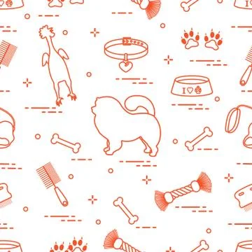 Pattern of silhouette chow-chow dog, bowl, bone, brush, comb, toys and other  Illustrazione stock