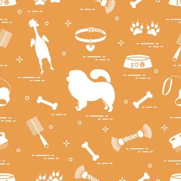 Pattern of silhouette chow-chow dog, bowl, bone, brush, comb, toys and other  Stock Illustration