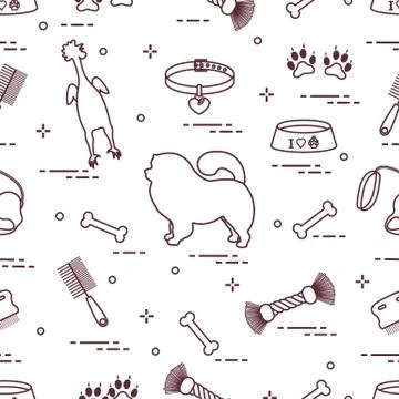 Pattern of silhouette chow-chow dog, bowl, bone, brush, comb, toys and other  Illustrazione stock