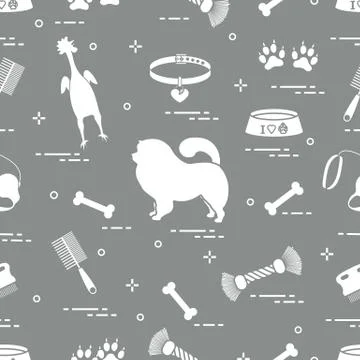 Pattern of silhouette chow-chow dog, bowl, bone, brush, comb, toys and other  스톡 일러스트