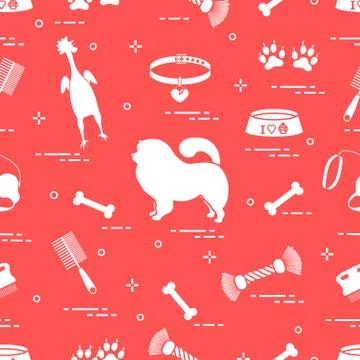Pattern of silhouette chow-chow dog, bowl, bone, brush, comb, toys and other  Illustrazione stock