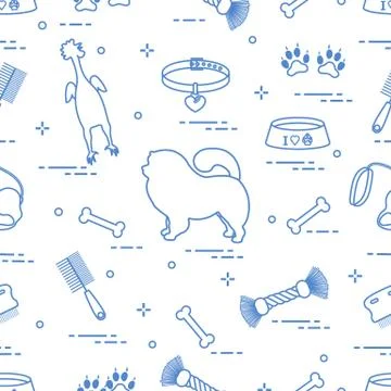 Pattern of silhouette chow-chow dog, bowl, bone, brush, comb, toys and other  Illustrazione stock