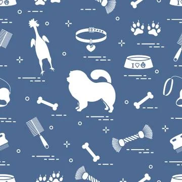 Pattern of silhouette chow-chow dog, bowl, bone, brush, comb, toys and other  Illustrazione stock