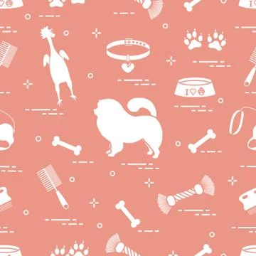 Pattern of silhouette chow-chow dog, bowl, bone, brush, comb, toys and other  스톡 일러스트