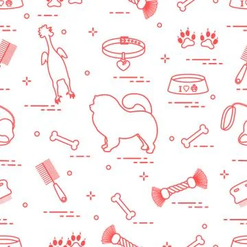 Pattern of silhouette chow-chow dog, bowl, bone, brush, comb, toys and other  Illustrazione stock