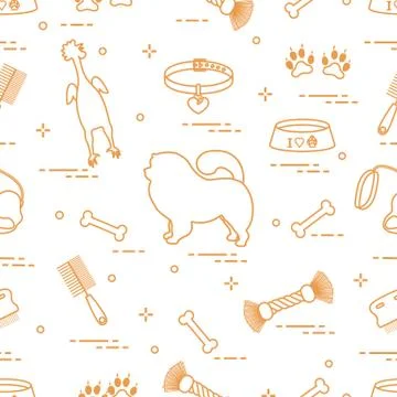 Pattern of silhouette chow-chow dog, bowl, bone, brush, comb, toys and other  Illustrazione stock