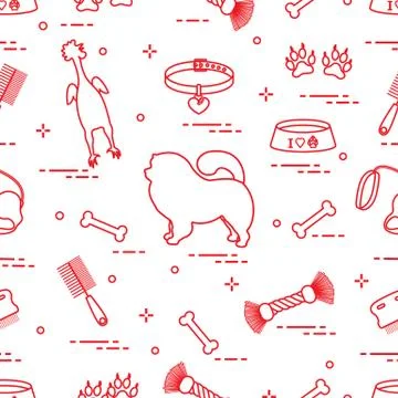 Pattern of silhouette chow-chow dog, bowl, bone, brush, comb, toys and other  Illustrazione stock
