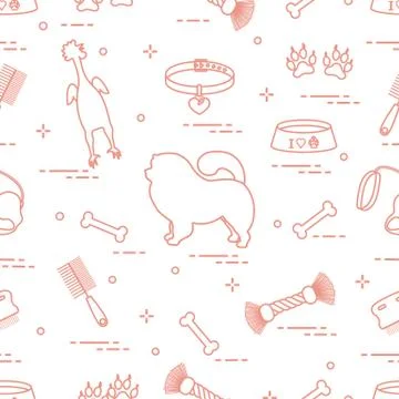 Pattern of silhouette chow-chow dog, bowl, bone, brush, comb, toys and other  Illustrazione stock