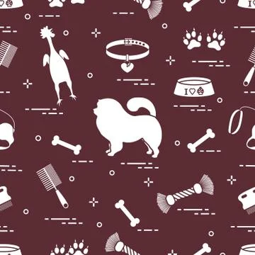 Pattern of silhouette chow-chow dog, bowl, bone, brush, comb, toys and other  Illustrazione stock