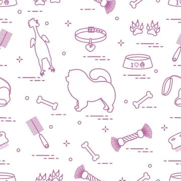 Pattern of silhouette chow-chow dog, bowl, bone, brush, comb, toys and other  Stock Illustration