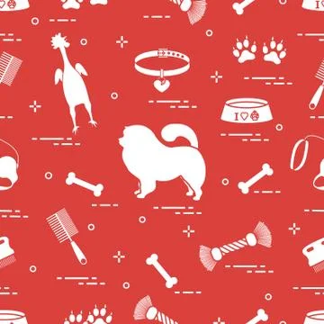 Pattern of silhouette chow-chow dog, bowl, bone, brush, comb, toys and other  Illustrazione stock