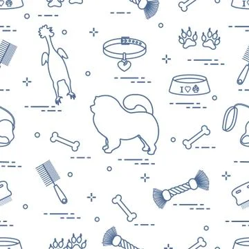Pattern of silhouette chow-chow dog, bowl, bone, brush, comb, toys and other  Illustrazione stock