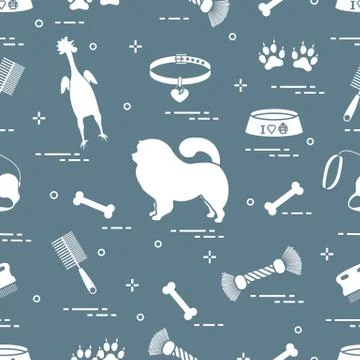 Pattern of silhouette chow-chow dog, bowl, bone, brush, comb, toys and other  Illustrazione stock