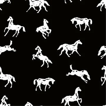 Pattern with silhouette horses in various poses and motion. Stock Illustration