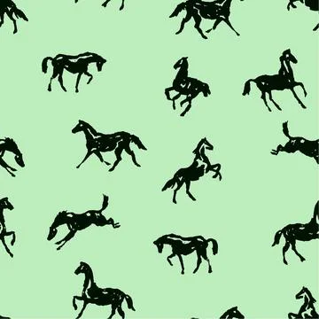 Pattern with silhouette horses in various poses and motion. Stock Illustration