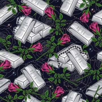 Pattern with silver bars, pink roses, black pearls Stock Illustration